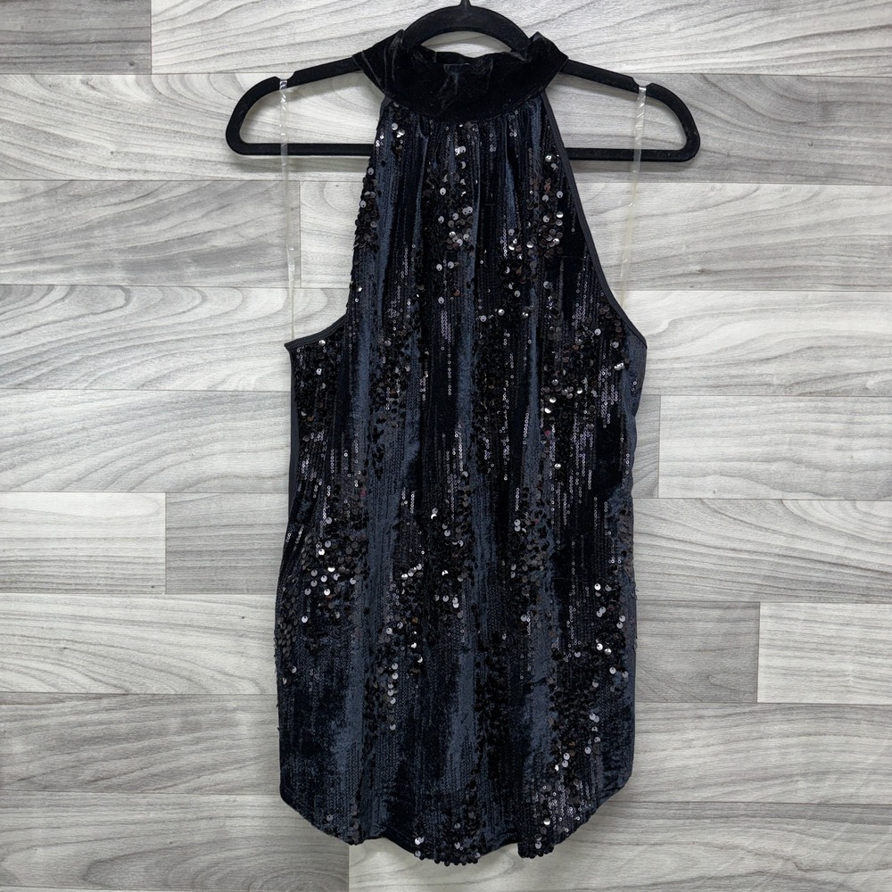 Bisou Bisou Blouse Women Large Black Sequined Halterneck Sleeveless Pullover